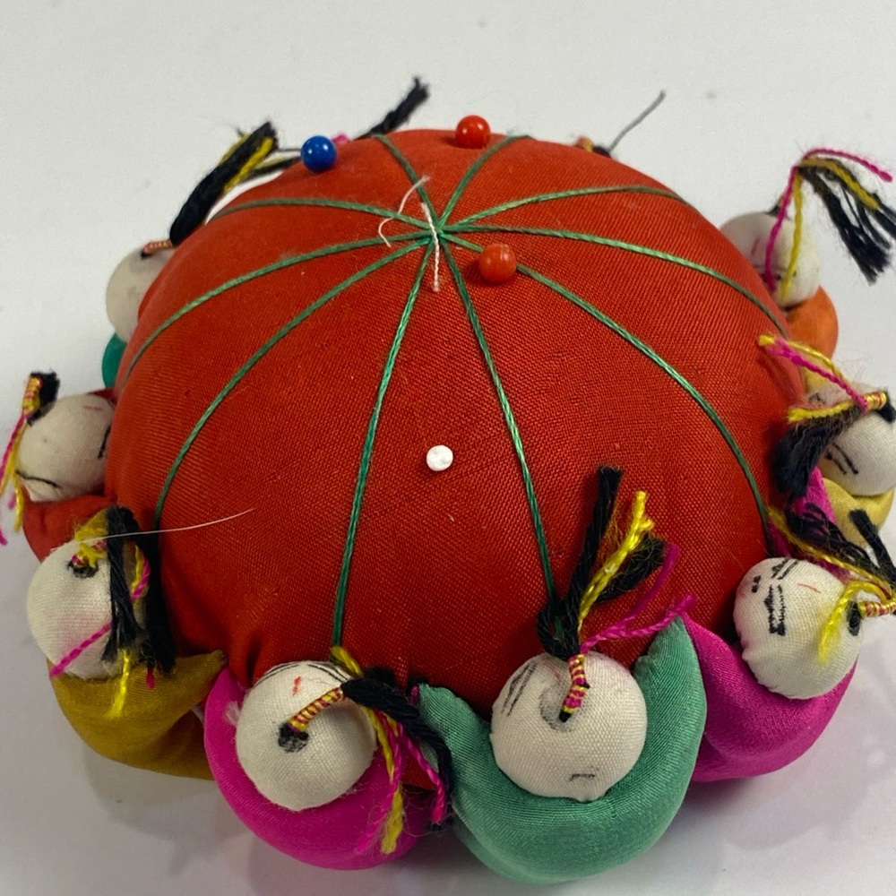 Vintage Chinese Red Silk Pin Cushion with 10 Asian Children Holding Hands